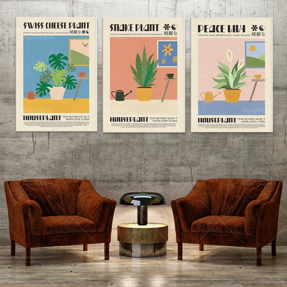 Snake plant, Swiss cheese plant print, peace lily plant, indoor plant print wall art exhibition poster, home decor