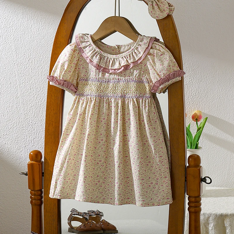 1-6Yrs Casual Sommer Kinder Mädchen Kleid Floral Kinder Kleidung Rüschen Kragen Lila Baby Mädchen Prinzessin Kleid Neue Blumenmädchen Kleider