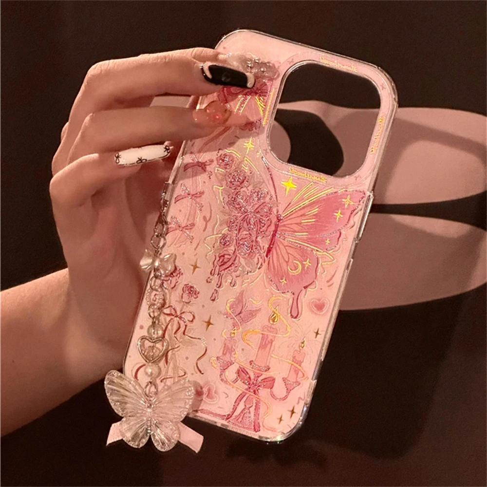 Y2K Cute Butterfly Bowknot Rose Pink Phone Case For iphone 16 15 14 13 12 Pro Max 11 With Chain Cover Shockproof Anti-drop Shell