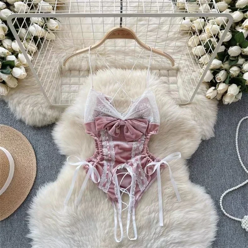 Sexy Cute Sweet Lace Backless Jumpsuit Women Slim Fit Bodysuit Girl Strap Bow knot Cosplay Hot Sweet Bow Ribbon Lingerie Dress