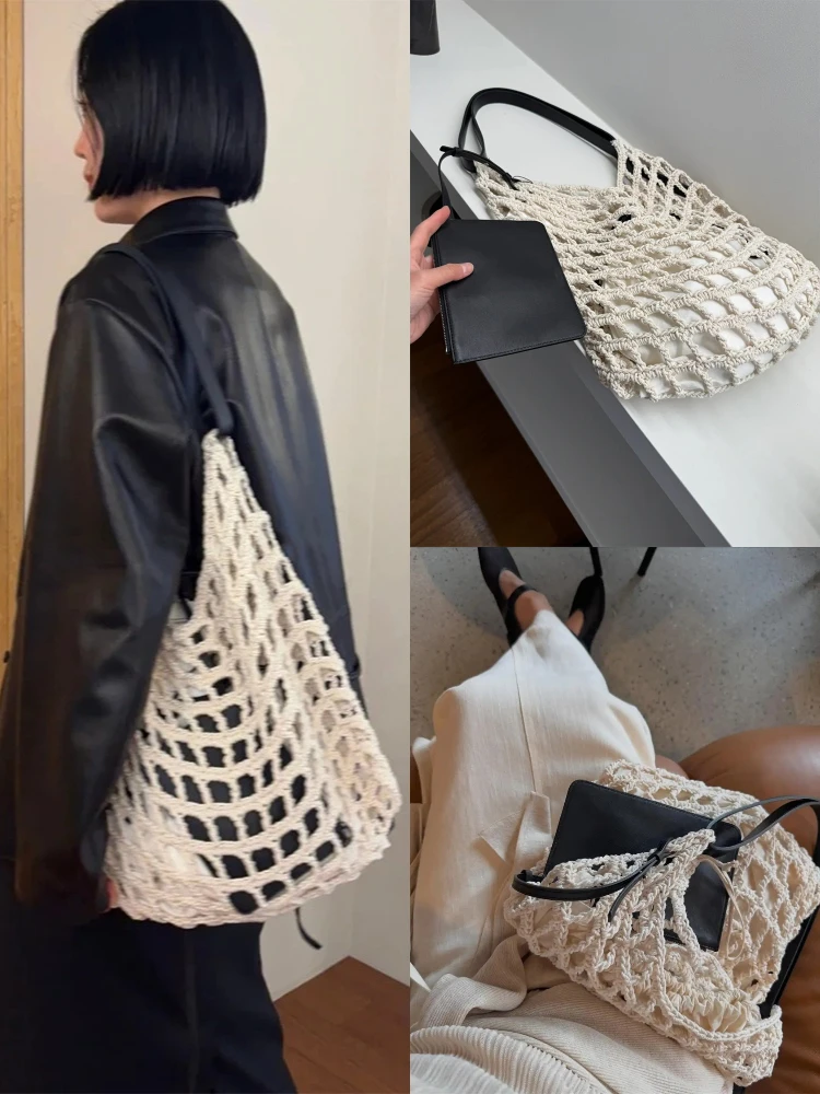 

Artistic Lfm Hollow out Woven Bag Lazy Sle Single oulder Net Pouch Retro Handbag Casual Canvas Tote Bag