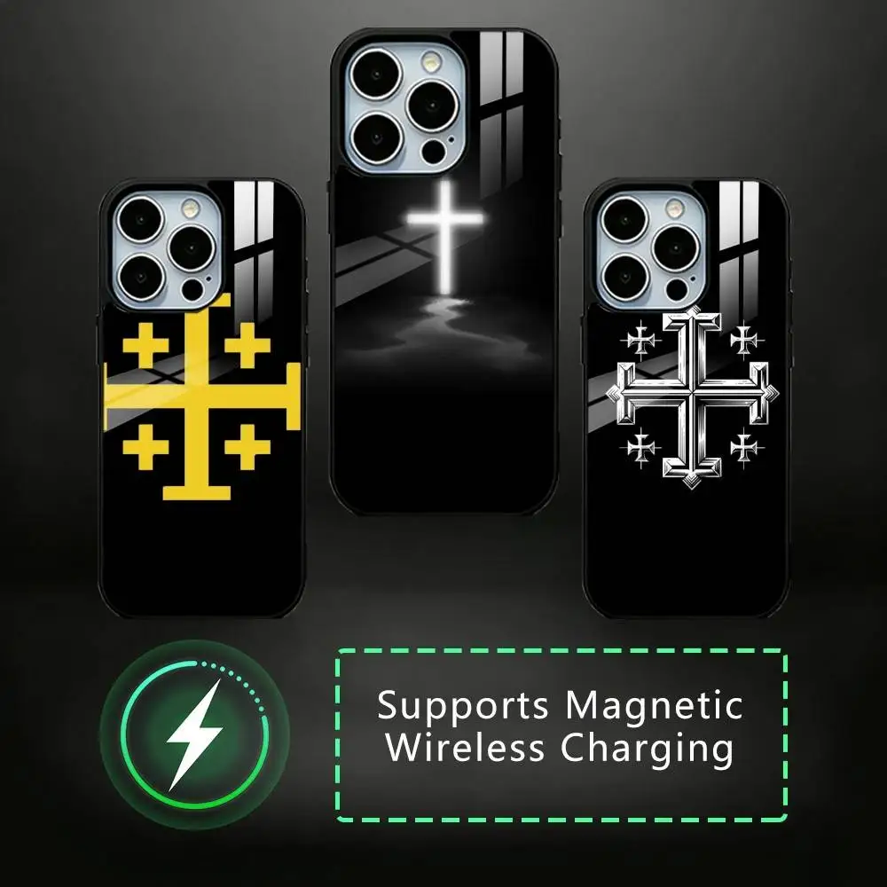 

Jerusalem Cross Shockproof Black Phone Case For iPhone17,16,15,14,13,12,11 Plus,Pro Compatible with magnetic wireless charging