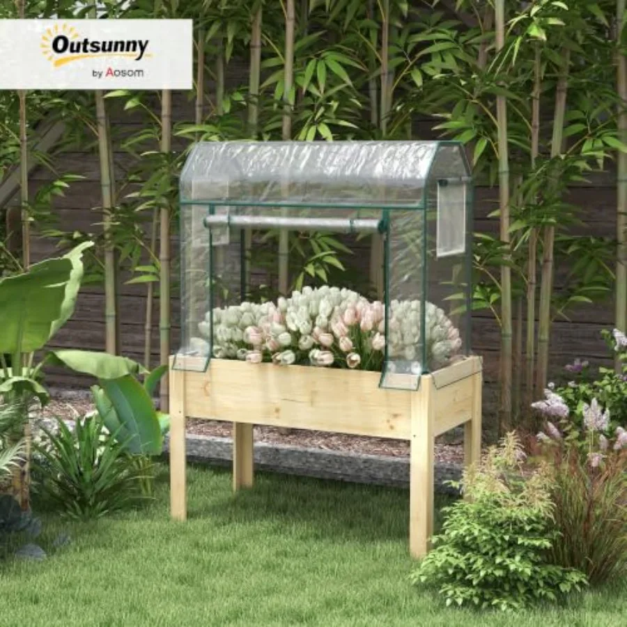 Raised Garden Bed with Greenhouse Cover for Outdoor Use, Natural Wood, Green, Weather-Resistant Easy Assembly