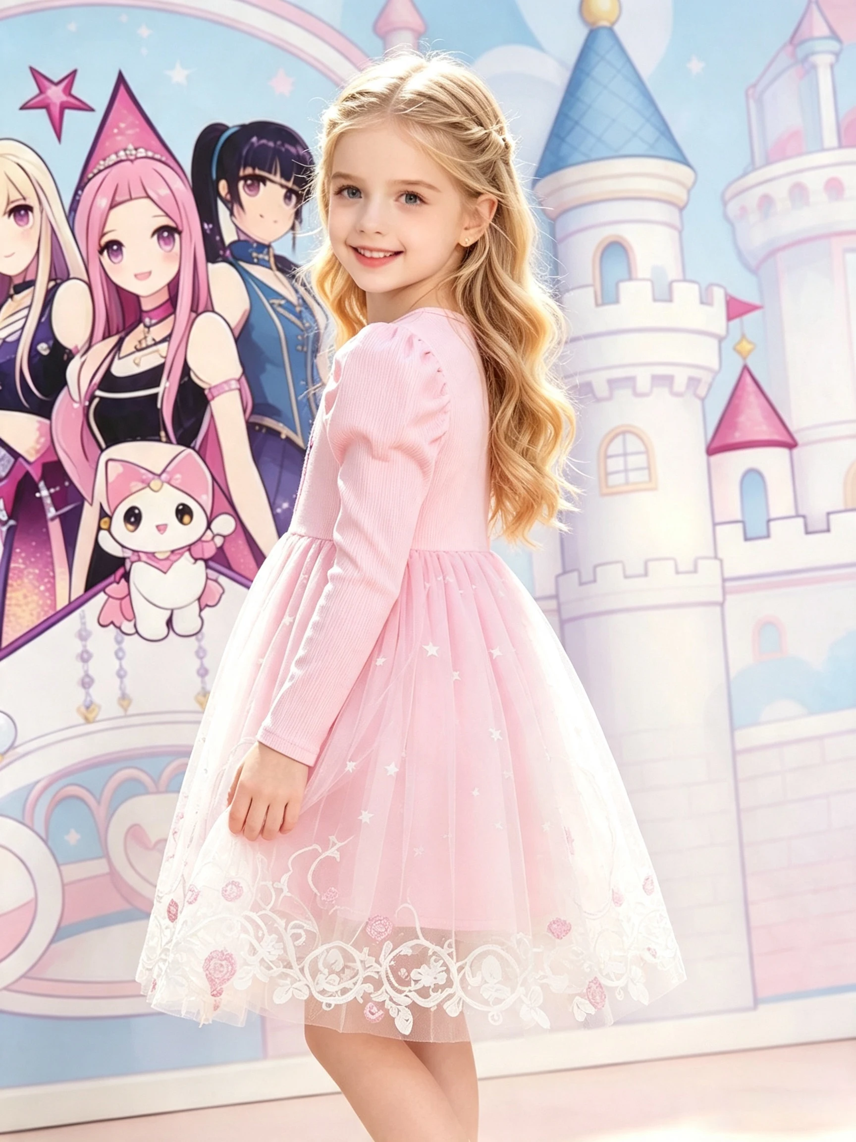 Mädchen-Cartoon-Print Langarm-Tüll-Prinzessinnenkleid, Rosa Puffärmel Elfen-Stickerei-Spitzen-Tutu-Kleid, Kinder Frühling und Herbst – Detail 3