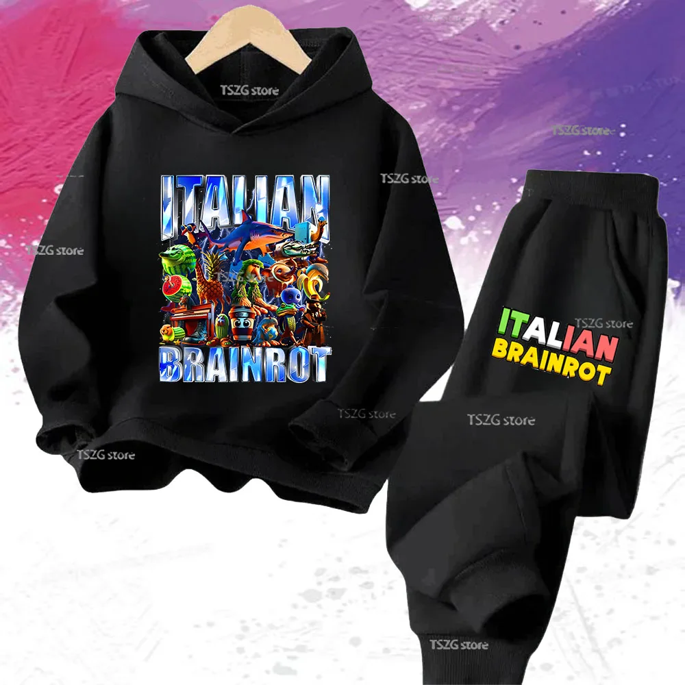 الأطفال الإيطالية Brainrot الحيوان متعة طباعة الاطفال هوديي السراويل دعوى 2 قطعة مجموعة البلوز الخريف موضة بنين بنات مقنعين Pullove