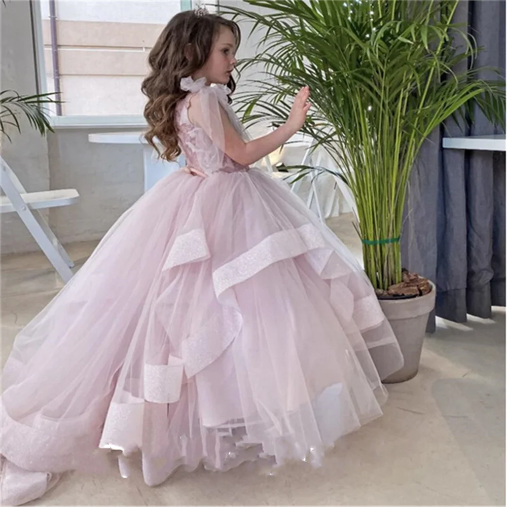 

Blush Pink Tulle Round Collar Applique Lace Long Train Princess Flower Girl Dress Wedding Birthday First Communion 1-16years