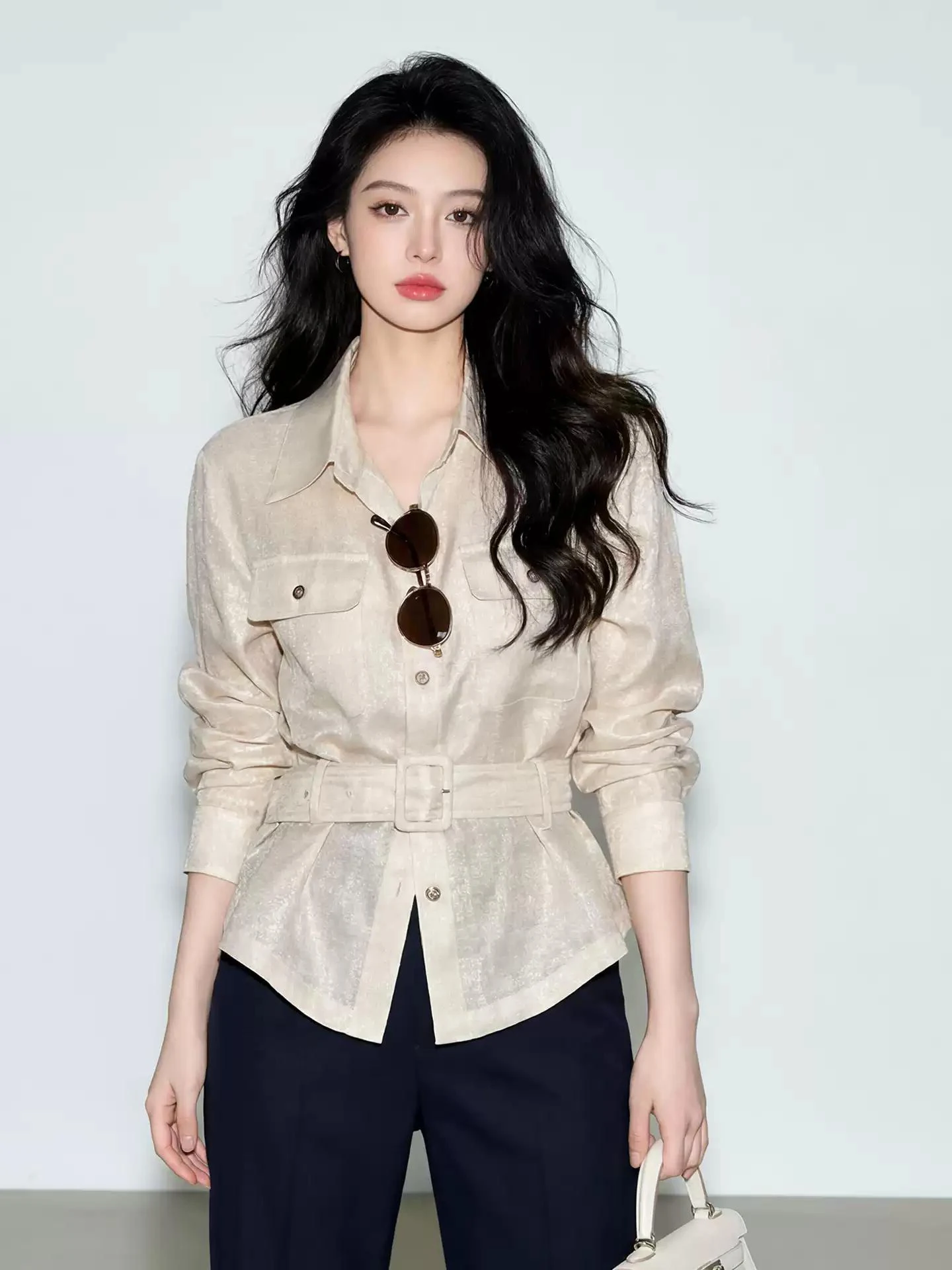 Elegant Korean Design Linen Waist-Cinching Jacket Women's Fashion Casual Style Long Sleeve Collarless Coat Age-Defying