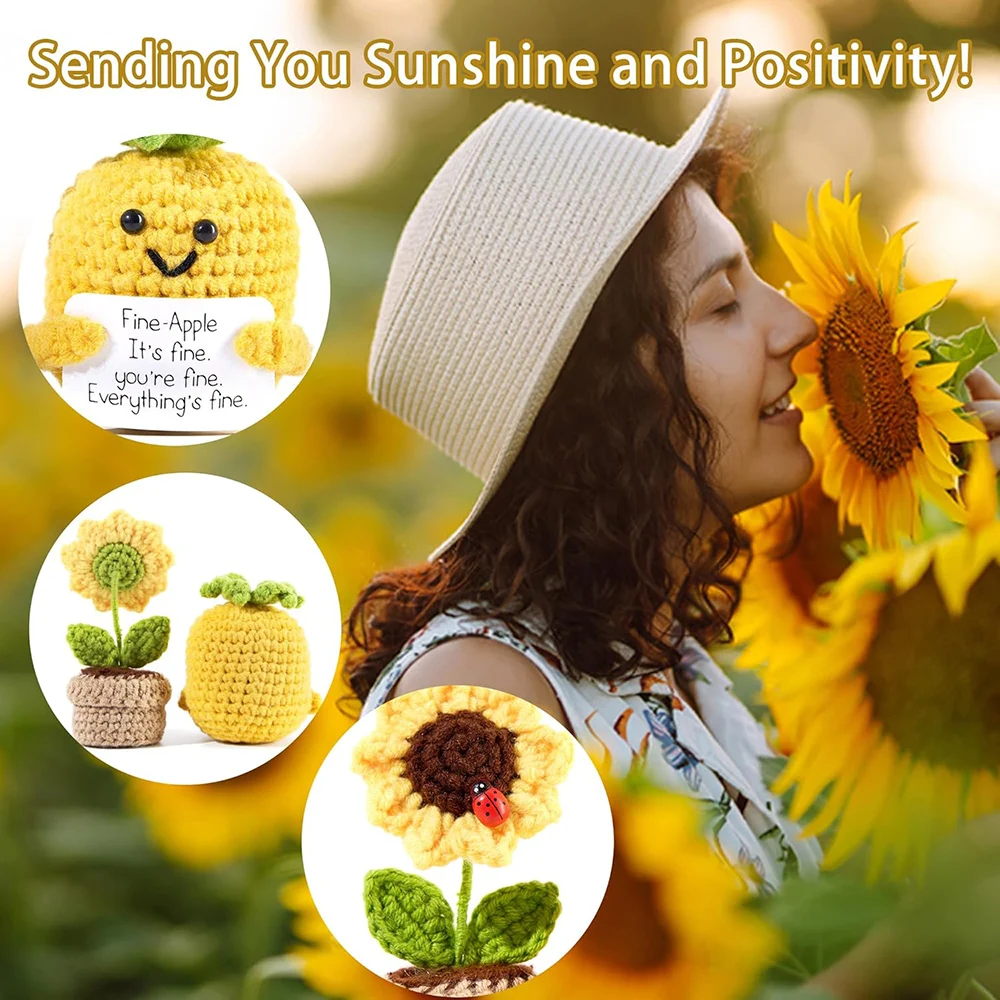 2PCS Positive Energy Pineapple With Emotional Support Sunflower Pot Home Room Decoration Crochet Pineapple Dolls Christmas Gift