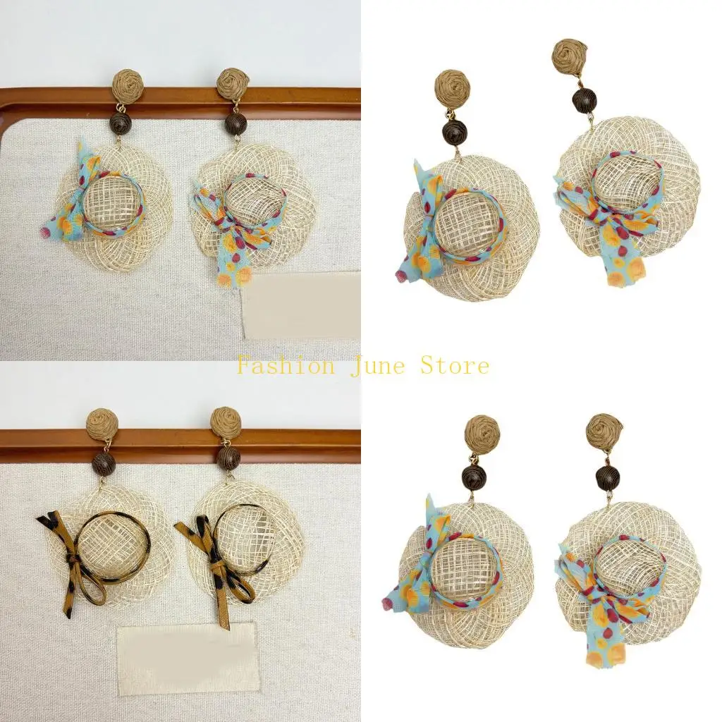 N5KA Braid Straw Hat Inspired Earrings Statement Bohemian Beach Vacation Jewelry