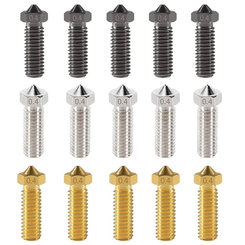 15Pcs V6 Volcano Nozzles 3D Stainless Steel Nozzle M6 Thread Nozzles 0.4Mm V6 Brass Nozzles Hardened Steel Nozzles