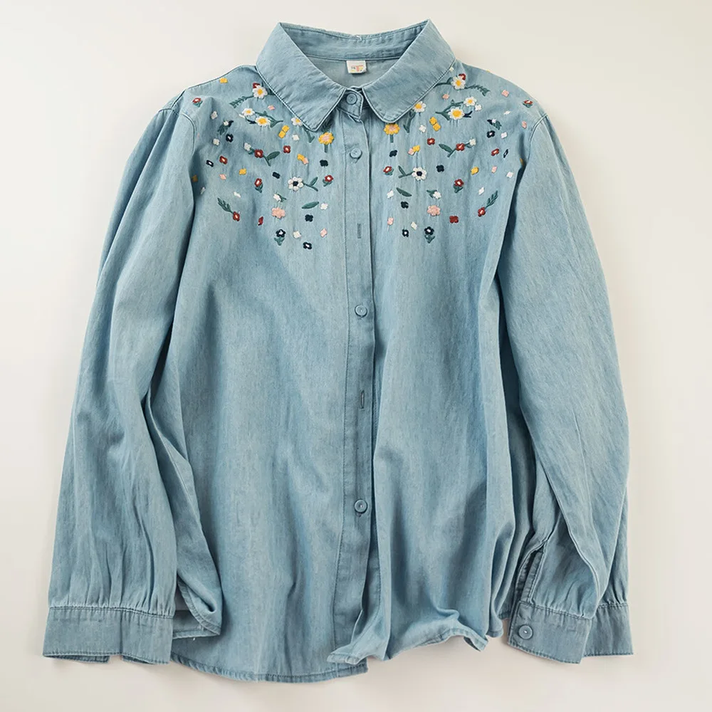 

Women Denim Shirt 2026 Spring Autumn Jacket Fashion Embroidery Washed Cowboy Single-breasted Long Sleeve Shirt Female Casual Top