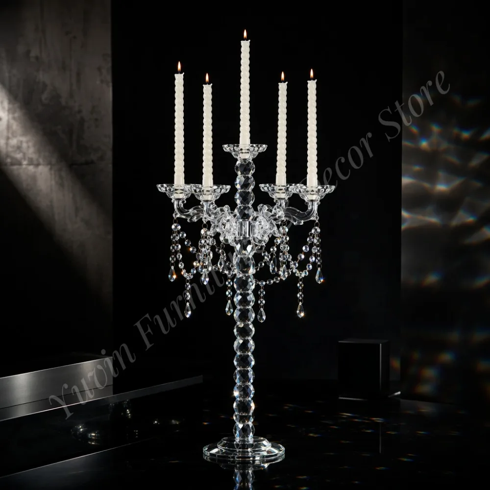 Stacked Sphere K9 Crystal Candelabra 5 Arms Hanging Teardrop Pendants Clear Glass Candle Holder Wedding Banquet Decor