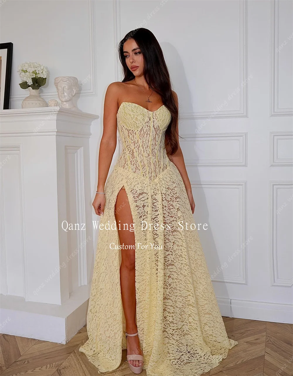 Qanz Yellow Full Lace Prom Dress Sweertheart High Slit Vestidos De Fiesta Elegantes Long Wedding Guest Dresses Customized image 2