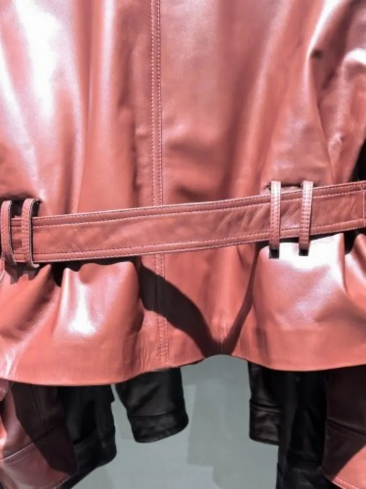 مكتب أنثى جلد طبيعي طويل الأكمام بلون التلبيب سترة قصيرة واحدة الصدر جيب الزنانير معطف فضفاض من جلد الغنم