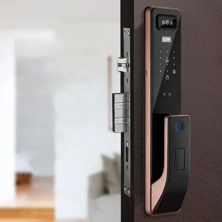 007 Kunci Pintu Aman Digital Sidik Jari Otomatis Rumah Pintar dengan Pintu Aluminium Kayu Pengenalan Wajah 3D Kompatibel dengan Jaringan WiFi