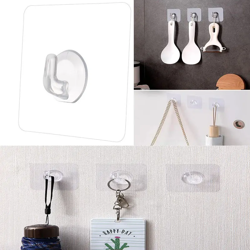 

10/20/30/PCS Self Adhesive Strong HooksTransparent Universal Door Wall Kitchen Bathroom Hangers Hooks Suction Heavy Load Rack