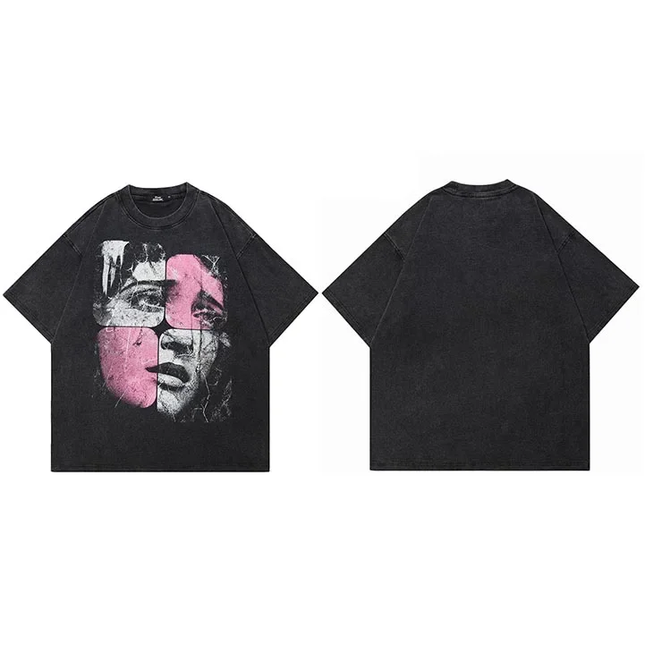 Hip Hop Retro Streetwear Vintage Washed Black T-Shirt Puzzle Face Graphic Shirt Cotton Unisex Tshirt Men Tops Tees image 2