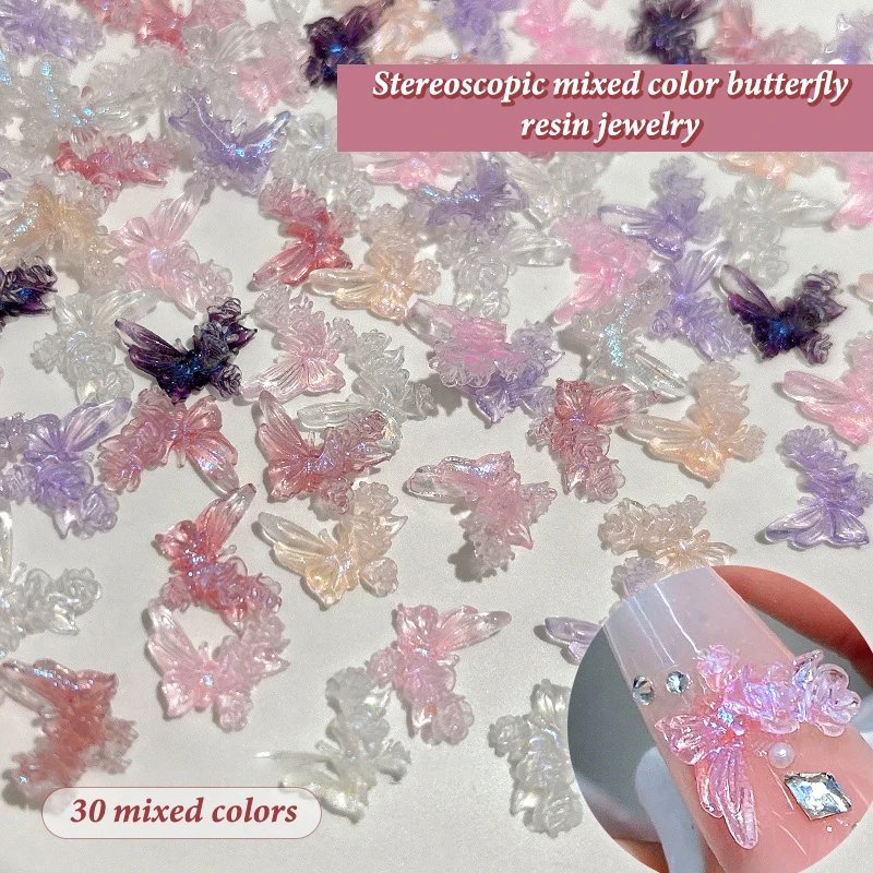 30Pcs DIY Nail Art Decor 3D Butterfly Flower Jewelry Nail Drill Aurora Resin Butterfly Glitter Rose Nail Diamond Manicure Design