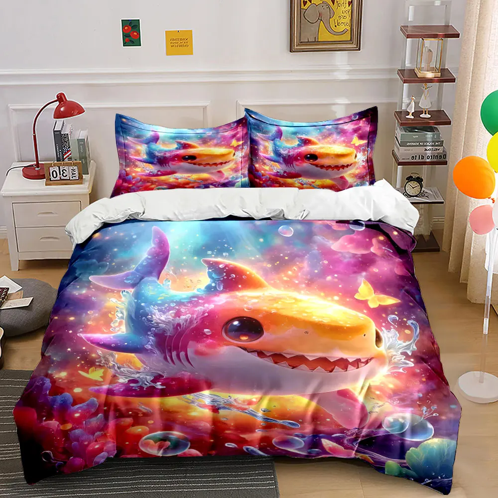 Colorful dreamy shark swimming scene Bedding Set for Kids Luxury Gift 3pcs Digital Print Comforter Set Soft Comfortable