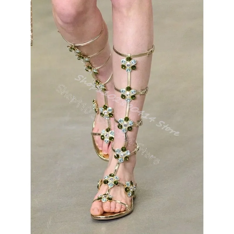 

Crystal Flower Black Hollow Design Sandals Boots Buckle Strap Women Shoes Chunky Heel Sexy Party Runway 2024 Zapatos Para Mujere