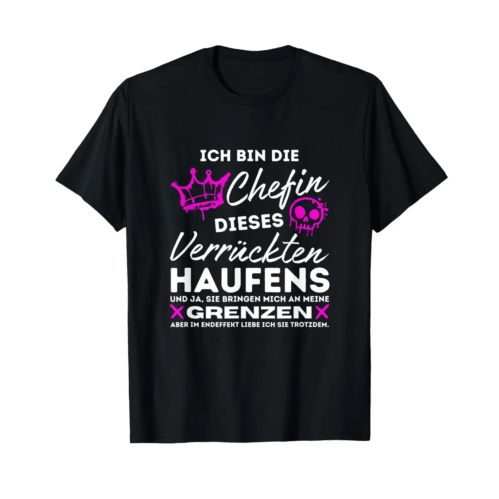 T-shirt pour femme avec citation amusante « Chefin des Verrückten Haufen », style vintage, délavé, confortable, décontracté, polyvalent, élégant, graphique