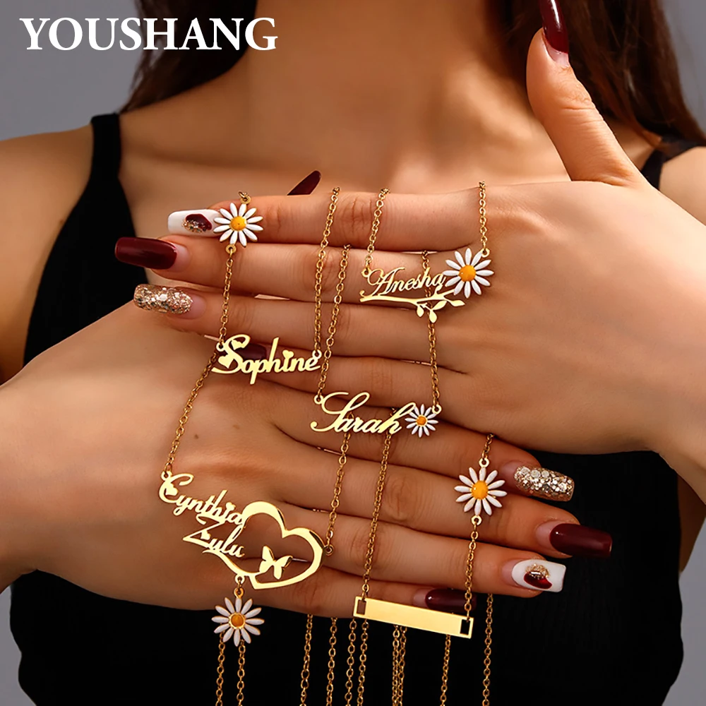 

YOUSHANG Ladies Custom Name Necklace Stainless Steel Daisy Pendant Valentine's Day 18K Gold Plated Jewelry Gift