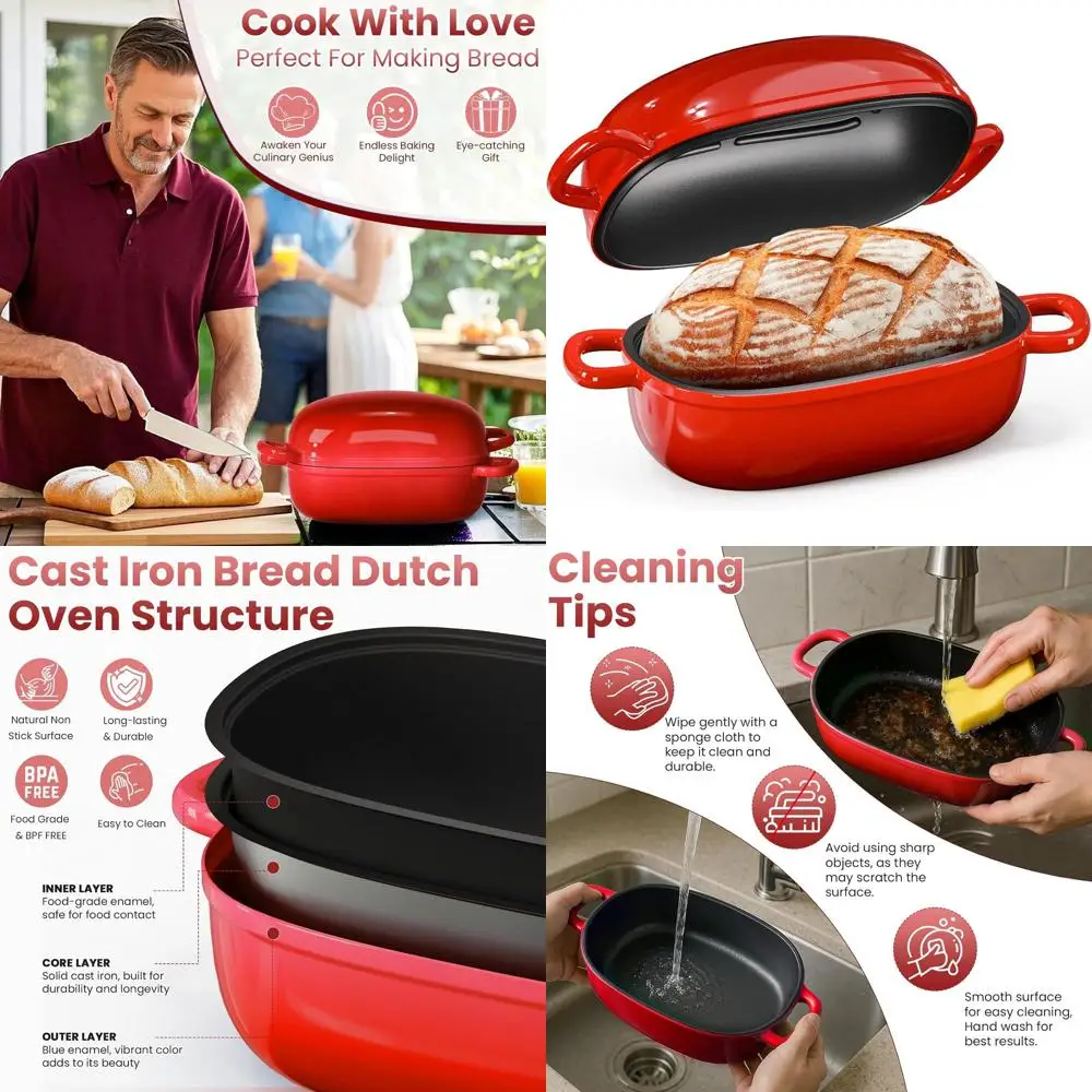 

2.5 Quart Cast Iron Dutch Oven for Sourdough, Blue Oval Loaf Pan with Lid, Perfect for Homemade Bread, Ideal Gift for Bakers, Re