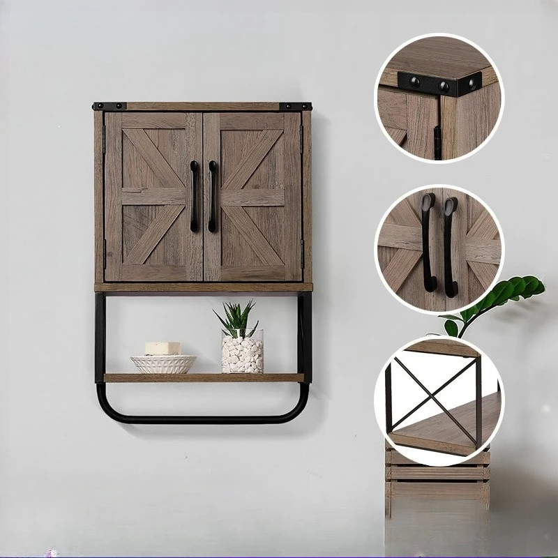 Wandmontierter Badezimmerschrank aus Holz, Badezimmerschrank aus Massivholz mit Doppeltür, Handtuchhalter, Aufbewahrungsschrank