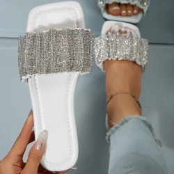 Summer Rhinestone Slippers Women New White Crystal Flats Flip Flops Outdoor Indoor Luxury Brand Design Sandals Woman Size 43