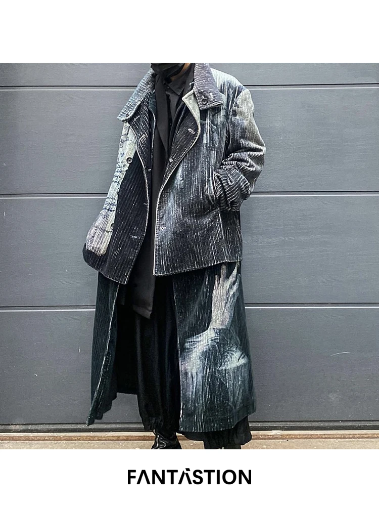 

FANTASTION Original design Velvet Stripes Worn-in look vintage Coat Outerwear Trench coat jackets autumn and winter overcoats