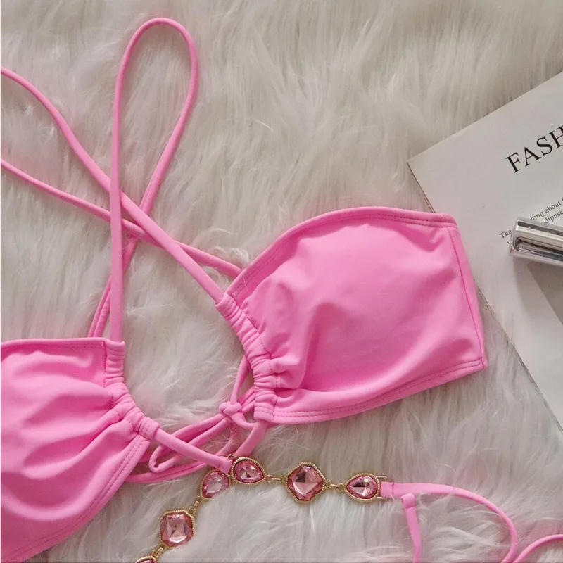 Bikini rosa con diamantes de imitación para mujer, traje de baño Sexy con realce, ropa de playa, piscina, 2024