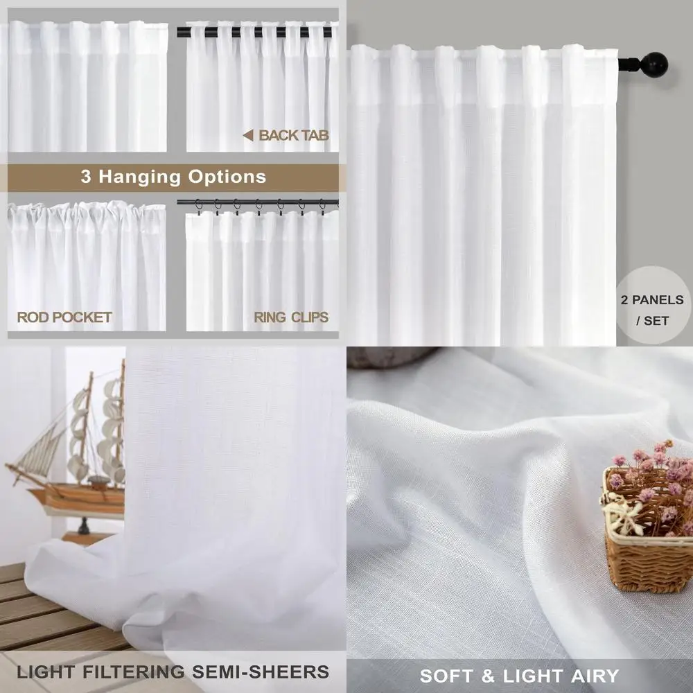 백색 린넨 52x102 인치 커튼, 백 탭 포함, 침실용 반투명, 빈티지 농가 스타일