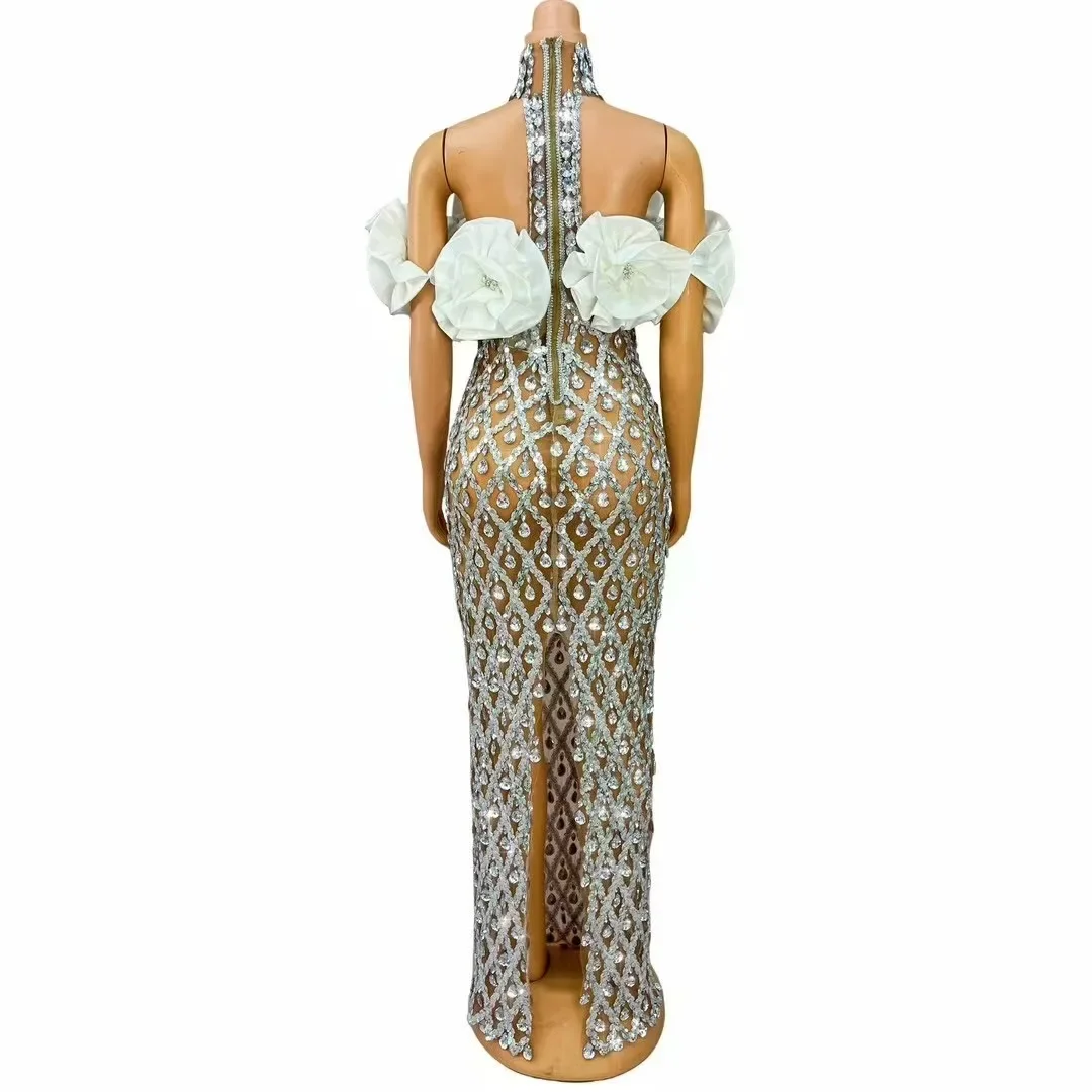 セクシーなステージビッグホワイトローズ女性エレガントなイブニングドレスキラキラシルバーラインストーン結婚式ウエディング衣装ショーレッドカーペット衣装