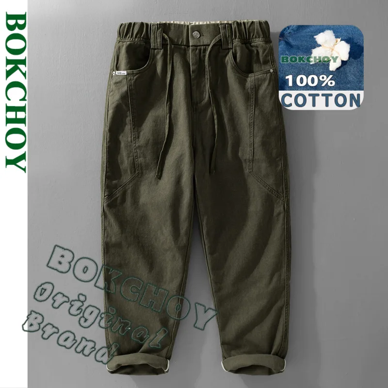 

2025 Spring Summer New Casual Straight 100% Cotton Pants for Men Clothing Drawstring Solid Color Casual Men Trousers FY7636