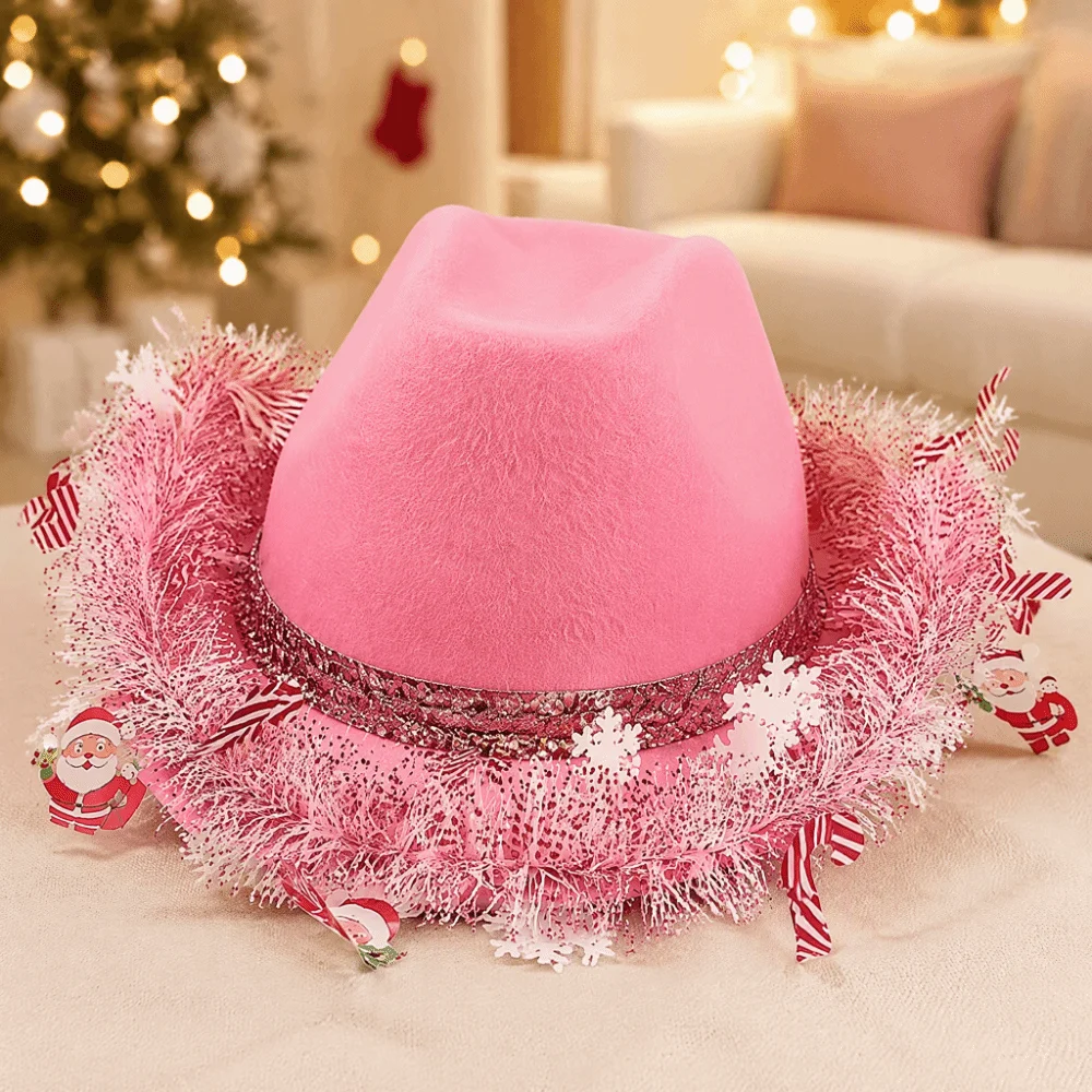 Ribbon Decoration Christmas Cowboy Hat Vintage Sunscreen Western Hat Snowflake Santa Claus Design Top Hat Party Accessories