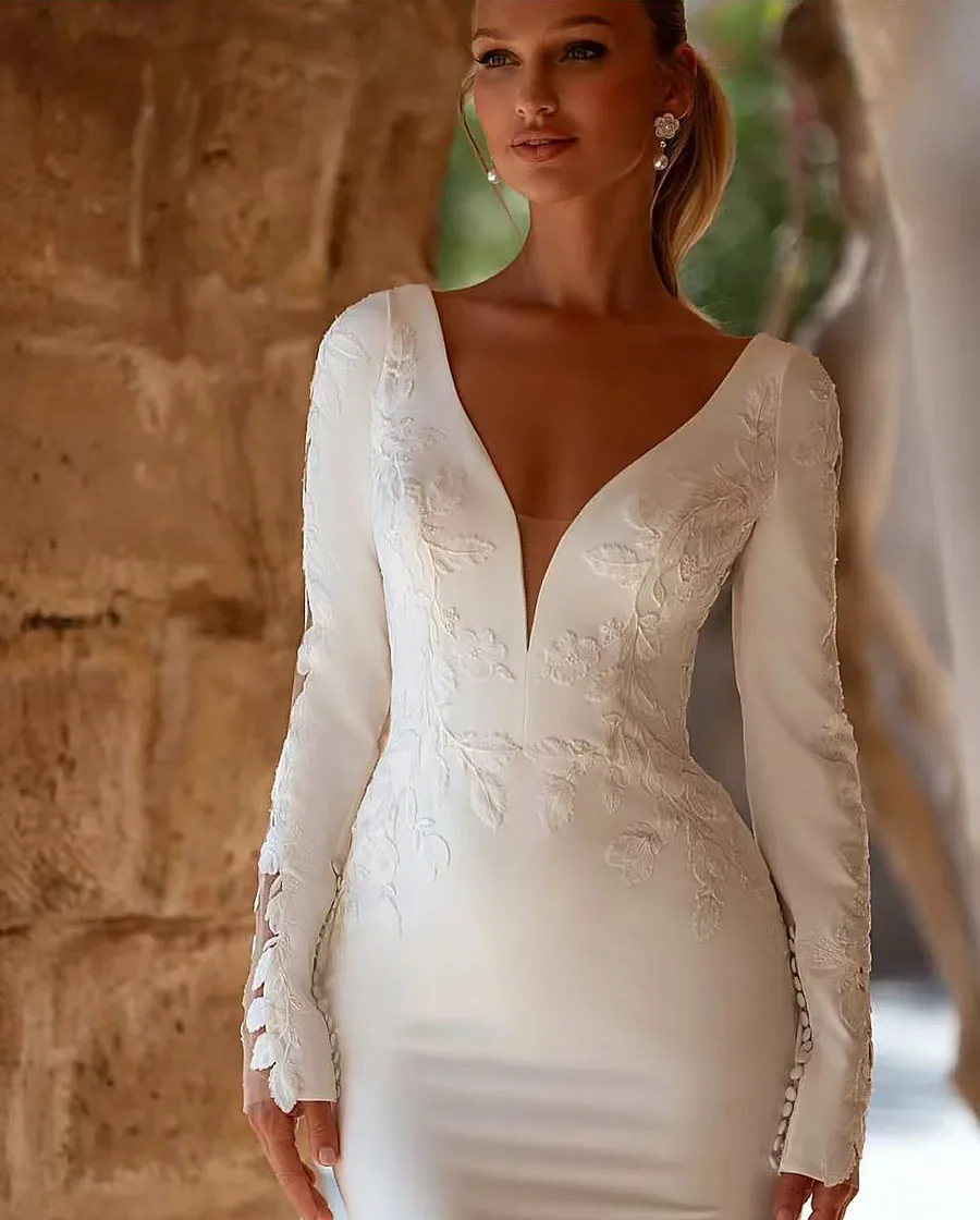 Flavinke индивидуальные атласные свадебные платья русалки в стиле бохо с v-образным вырезом, 2025 г., с длинными рукавами и аппликациями, изящные халаты, свадебное платье для невесты