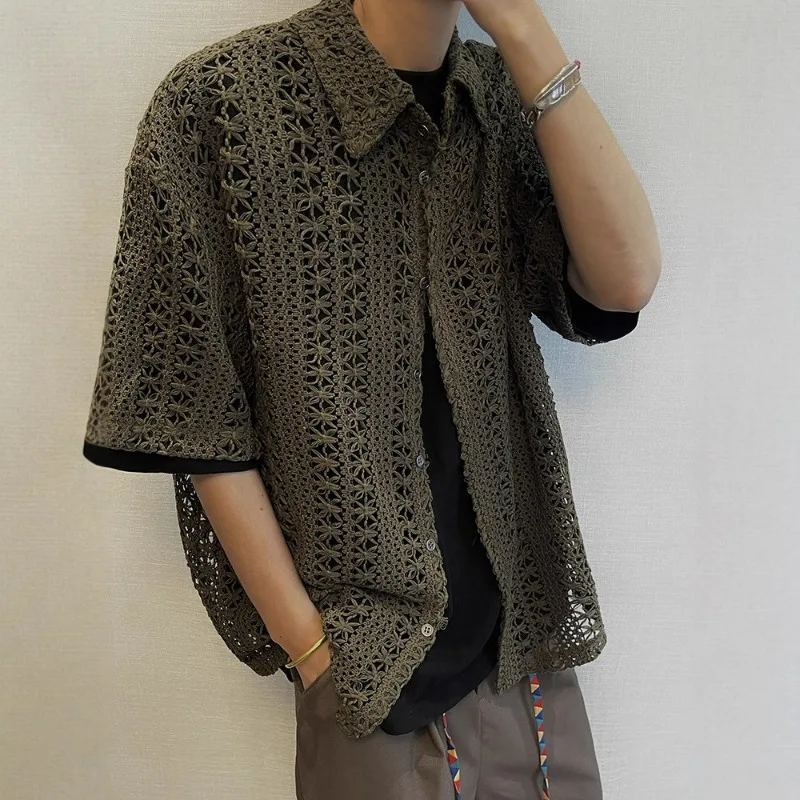 KIDWHXR Summer Man Top American Retro Hollow Knitted Shirt Men's Short Sleeve Open Cardigan Holiday Male Lace See-through Shirt