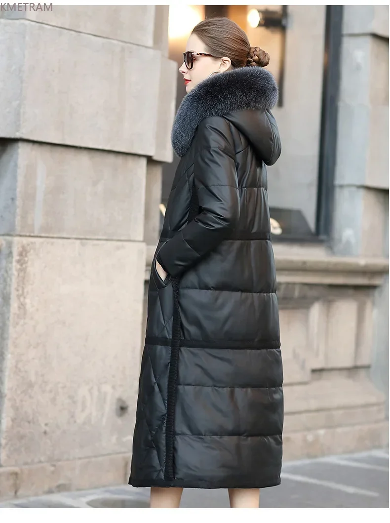 2024 Winter Genuine Leather Down Jacket Women Mid-length Hooded Real Sheepskin Coat Casual Down Coats Fox Fur Collar Fashion SGG