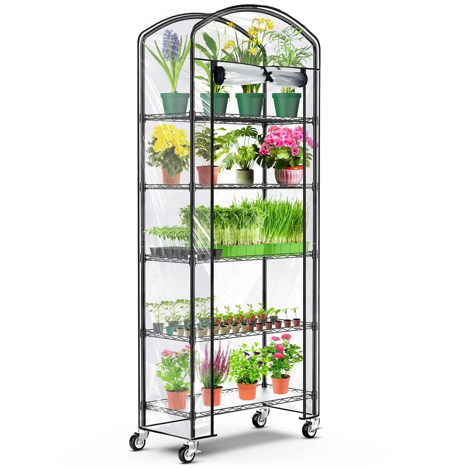 

5-Tier Greenhouse with Caster Wheel, Each Shelf Height Adjustable Metal Plant Shelf with PVC Cover for Seed Starting Trays, Seed