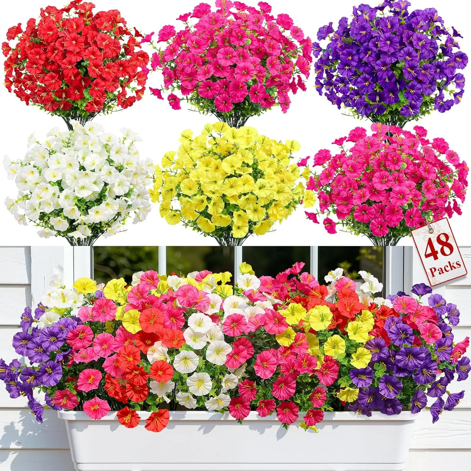 

48 Bundles Artificial Flowers for Outdoors, Faux Spring Flowers for Decoration, UV Resistant Silk Morning Glory with Euc