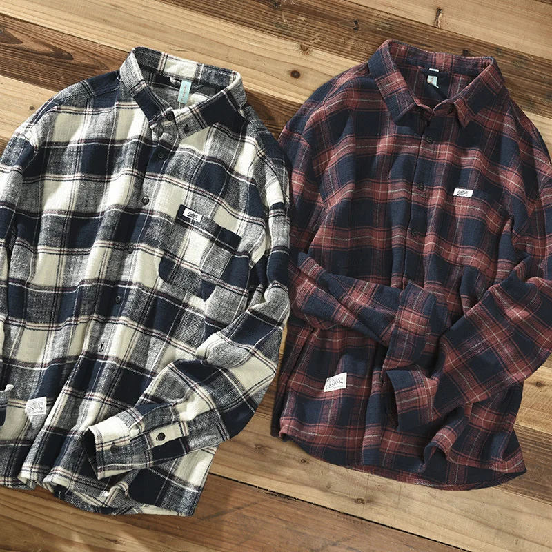 Men Plaid Long Sleeve Shirt With Chest Pocket 100% Cotton Fashion Streetwear Casual Vintage Checked Workwear Shirts Man
