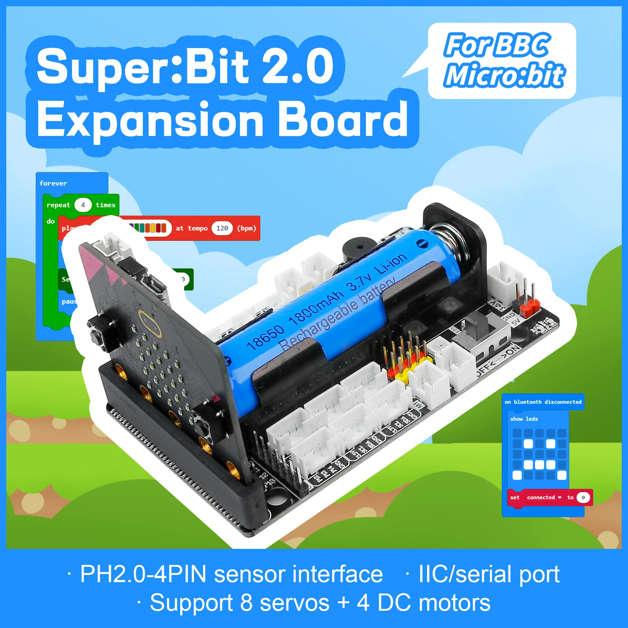 Microbit Expansion Board with Motor Servo Interface and Sesnor Module PH2.0 Port On Board Buzzer RGB Light  Python Programming