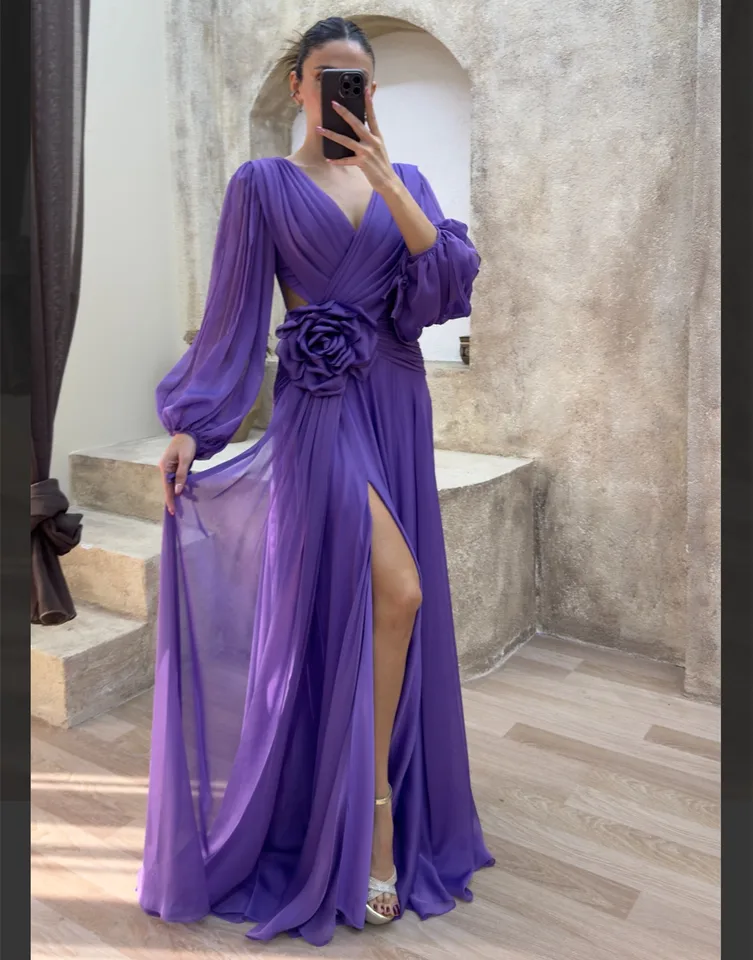Prom Dress Purple Dresses For A Semi Formal Dance Elegant V Neck Long  Sleeves Sequin A