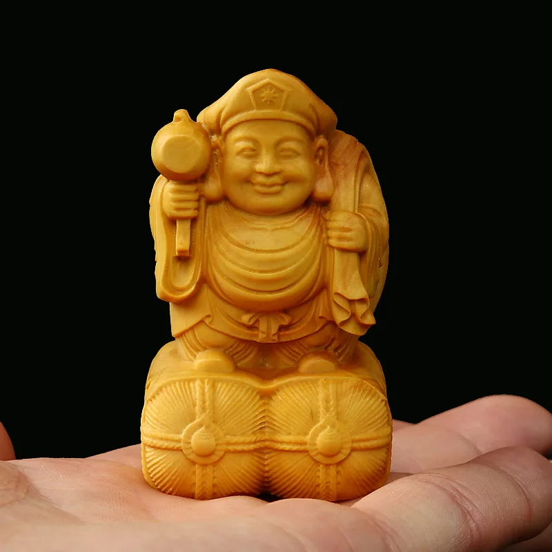 Leqing Boxwood Solid Wood Carving Craft Home Ornament Worship Small Ornaments Big Time MahāKāLa God Of Wealt Pray for peace Safe