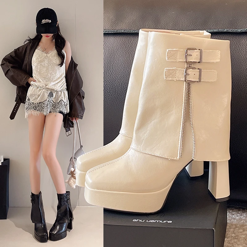 

Женские ботинки на высоком каблуке Spice Girl на платформе, осень-зима 2022, новые узкие ботильоны на блочном каблуке с пряжкой и ремнем