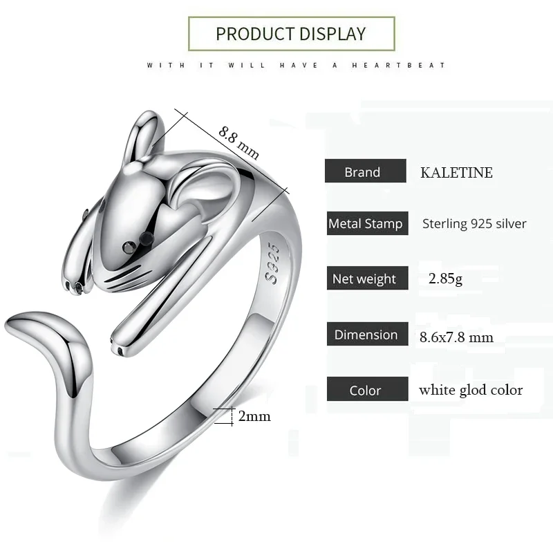 Kaletine 925 Sterling Silver Rings for Women Naughty Cut Mouse Finger Cute Long Tail Black CZ Eye DIY Jewelry Christmas Gifts