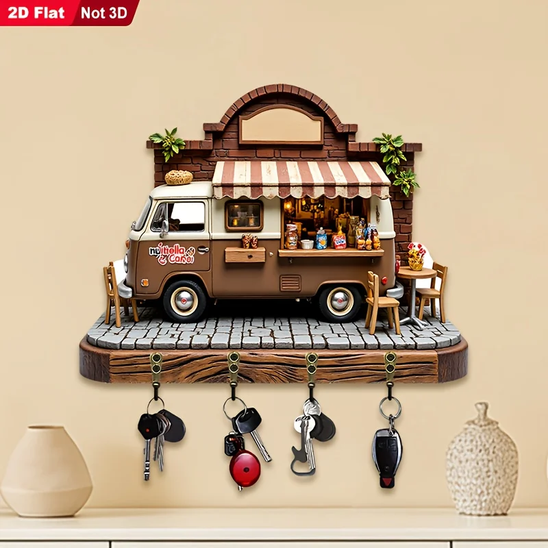 2D Flat, 1pc, Retro Diner Theme Key Hook, Wooden Multifunctional Home Key Rack, with Four Metal Hooks, Wall Decoration, Porch