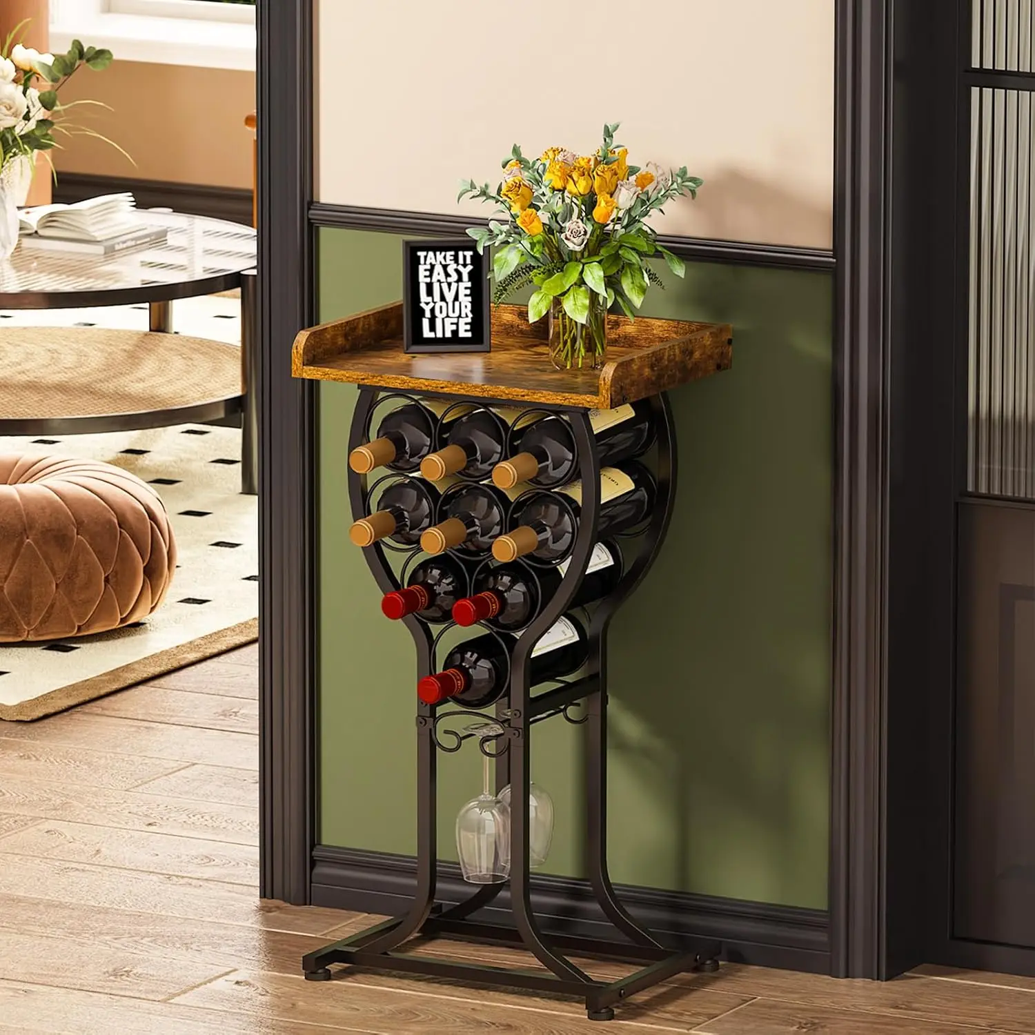 

Freestanding Floor Wine Rack with Glass Holder and Tabletop for Home Bar Kitchen Living Room Storage