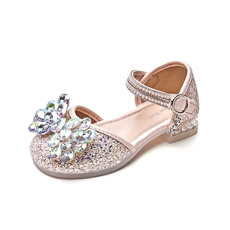 Kids Girls Glitter Big Rhinestone Flower Sandals Crystal Ankle Strap Anti Slip Toddler Girls Wedding Princess Dress Shoes