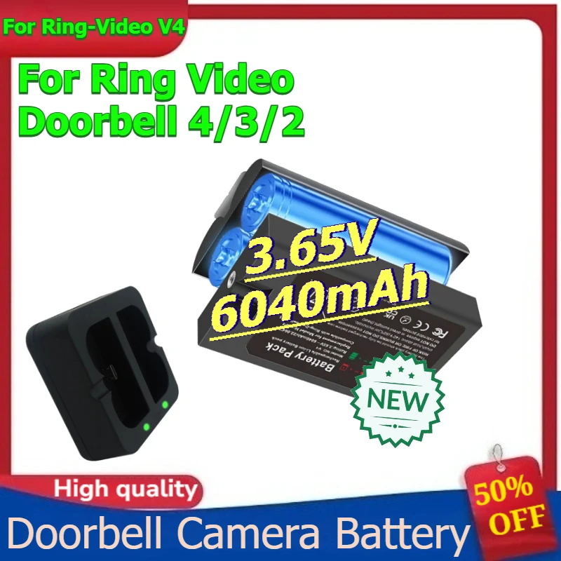 

Li-ion Battery for Ring-Video V4 for Ring Video Doorbell 4/3/2 Doorbell Camera Battery 3.65V 6040mAh + Dual Charging